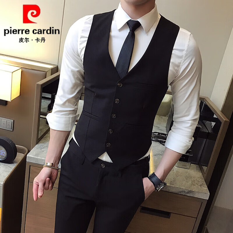 皮尔卡丹（pierre cardin）高端春秋新款时尚男士西装马甲修身坎肩男背心韩版潮西服伴郎马夹 黑色单马甲 S 【体重95以下】