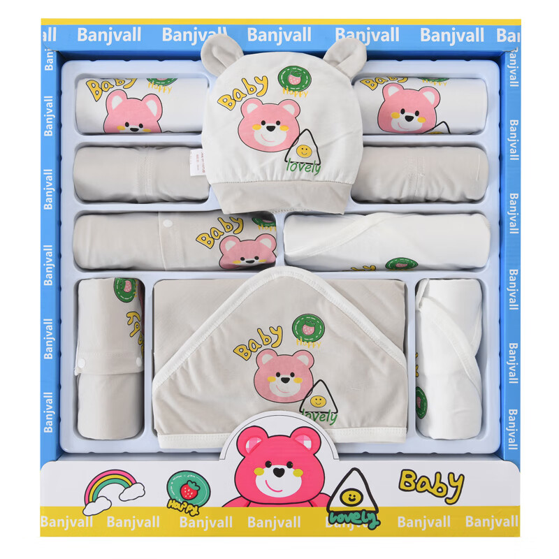 班杰威尔（Banjvall）新生儿礼盒婴儿衣服纯棉初生0-6个月宝宝衣服用品满月见面礼 夏季豆包熊灰色C款 66码