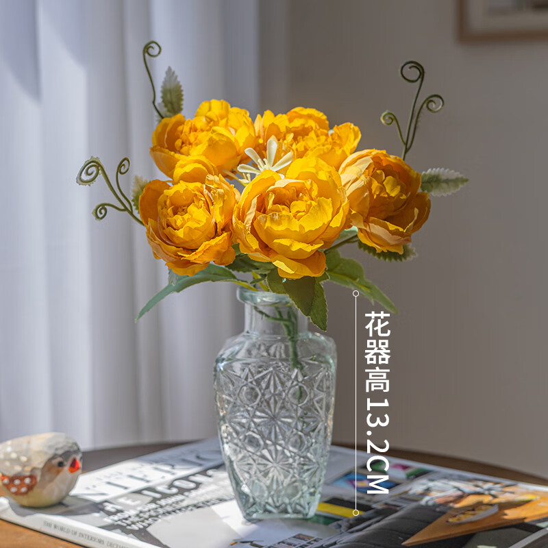 掬涵輕奢絹花系列仿真花玫瑰餐廳餐桌假花擺設(shè)客廳電視柜裝飾送禮禮物 輕奢玻璃花瓶+鵝黃色玫瑰花*5朵