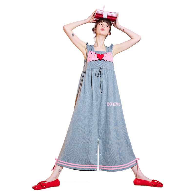YSO【禮物系列】睡衣女夏棉連體方領(lǐng)蝴蝶結(jié)可愛(ài)簡(jiǎn)約家居服 L  灰色