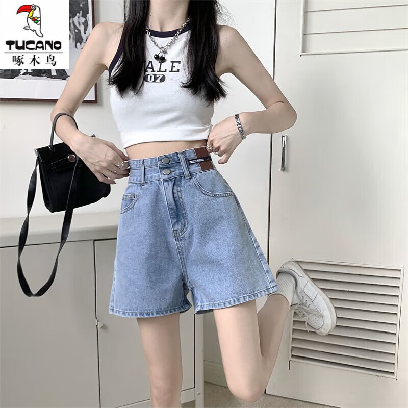 啄木鳥高腰牛仔短褲女夏季薄款2025新款大碼胖mm顯瘦小個(gè)子a字闊腿熱褲 Q113藍(lán)色 S 建議80-95斤