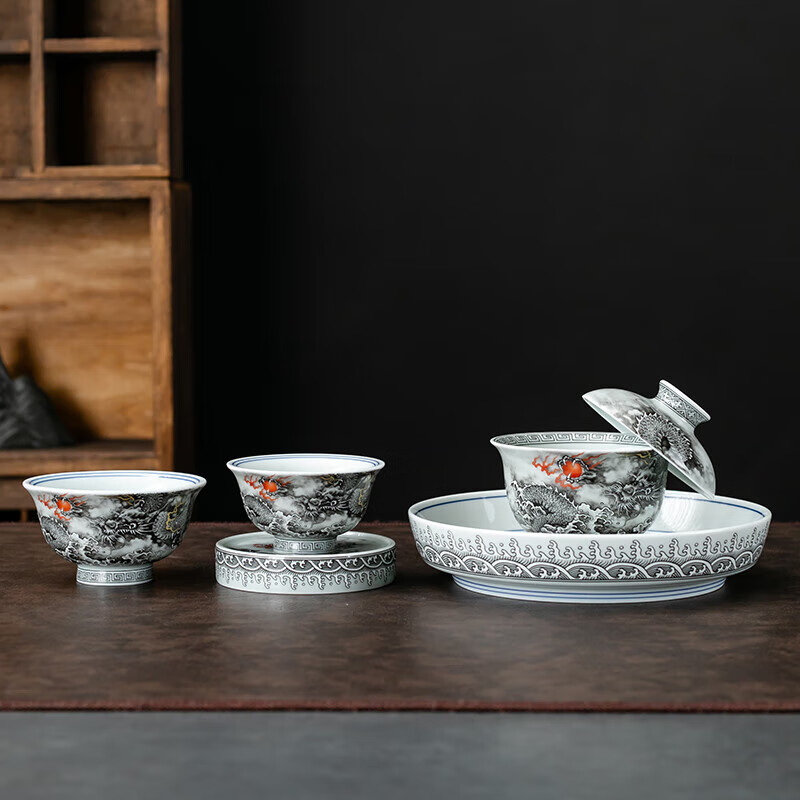 京峰阁 茶具盖碗套装 高档轻奢手工描金家用送礼整套泡茶碗茶杯泡茶器 墨龙悬停盖碗(一盖碗二杯)