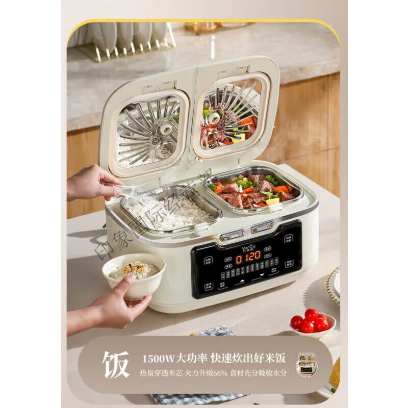 万福源新款0涂层双胆电饭煲多功能家用6L金属机身微压双拼一体电 6L 时尚黑、黑晶内胆