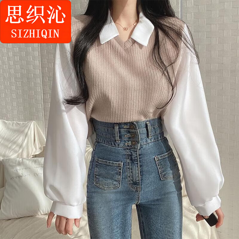 思织沁长袖T恤条纹假两件POLO领复古拼接螺纹卫衣女宽松高街翻领上衣 杏色 M