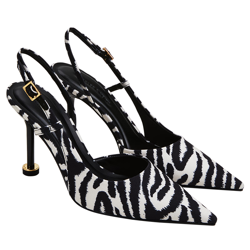 CHARLES&KEITH25夏季新品漆皮尖頭斑馬紋高跟涼鞋女CK1-60280477 Animal Print Natural黑色/白色 36 （230）