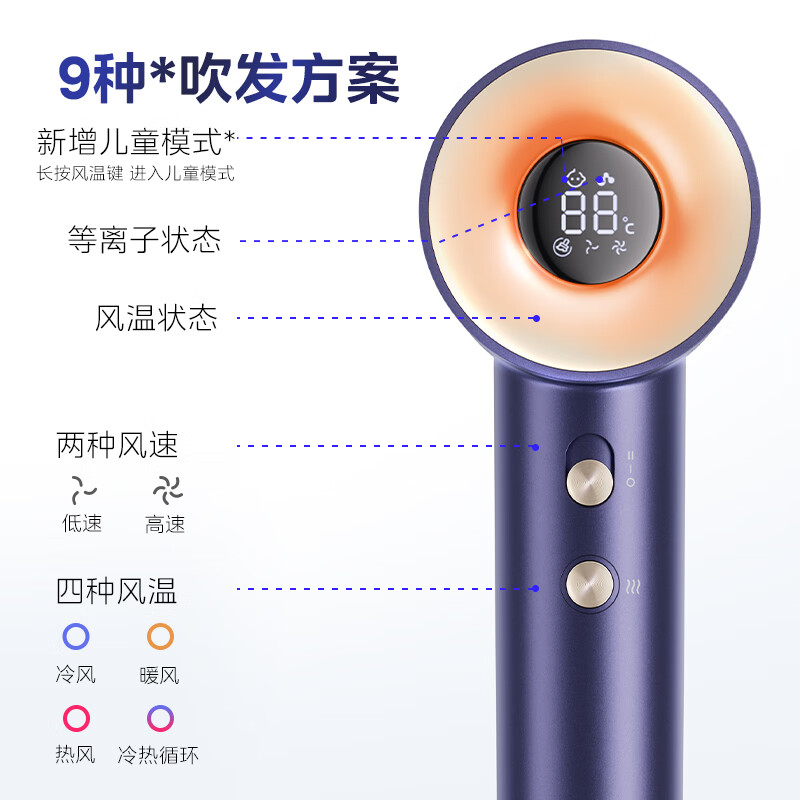 美的(Midea)高速电吹风 等离子护发吹风筒 儿童可用负离子吹风机 FG505智能数显屏 国家补贴 七夕情人节礼物