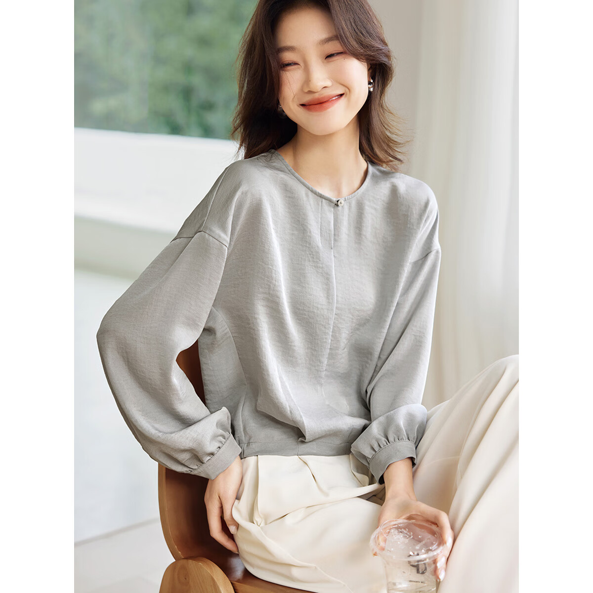 沫晗依美【轻熟风OL女衬衫】2025春季新款气质通勤百搭九分袖女休闲衬衫女 浅灰蓝 L