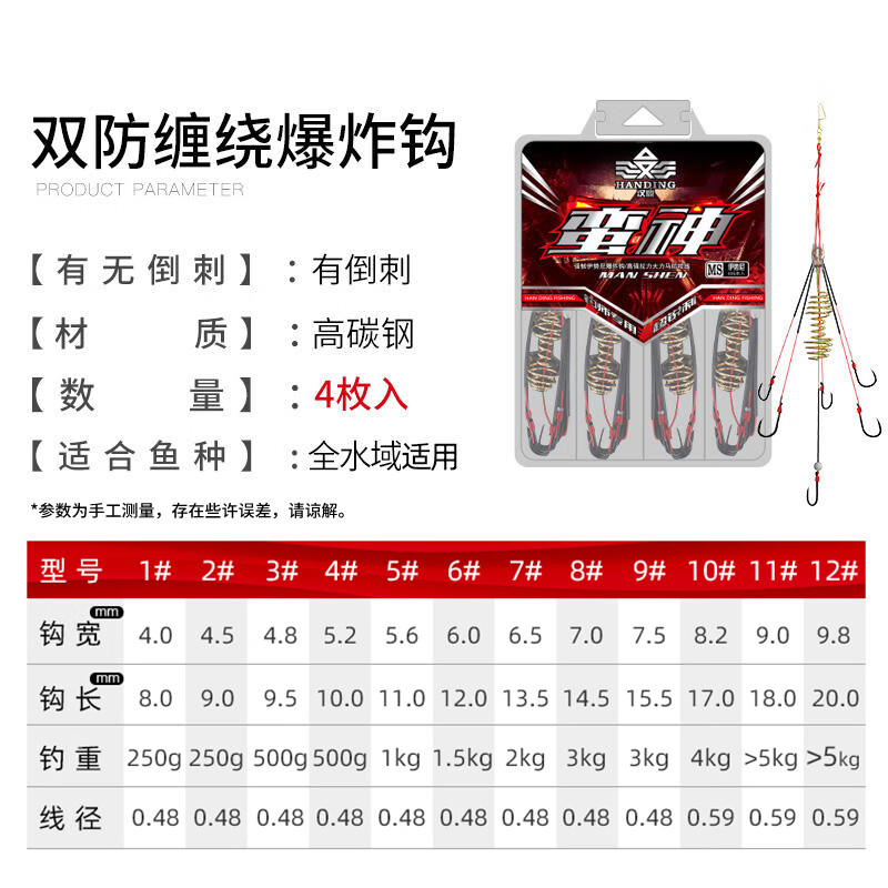 汉鼎防缠绕爆炸钩抛竿海杆有倒刺大头鲢鱼钩伊势尼爆炸钩套装配件 双防缠(4枚) 9号