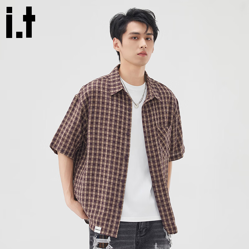 :CHOCOOLATE it格子短袖衬衫外套男2025夏季新款潮牌宽松休闲百搭情侣上衣 咖啡色 【官方正品】 L 【建议110斤-135斤】