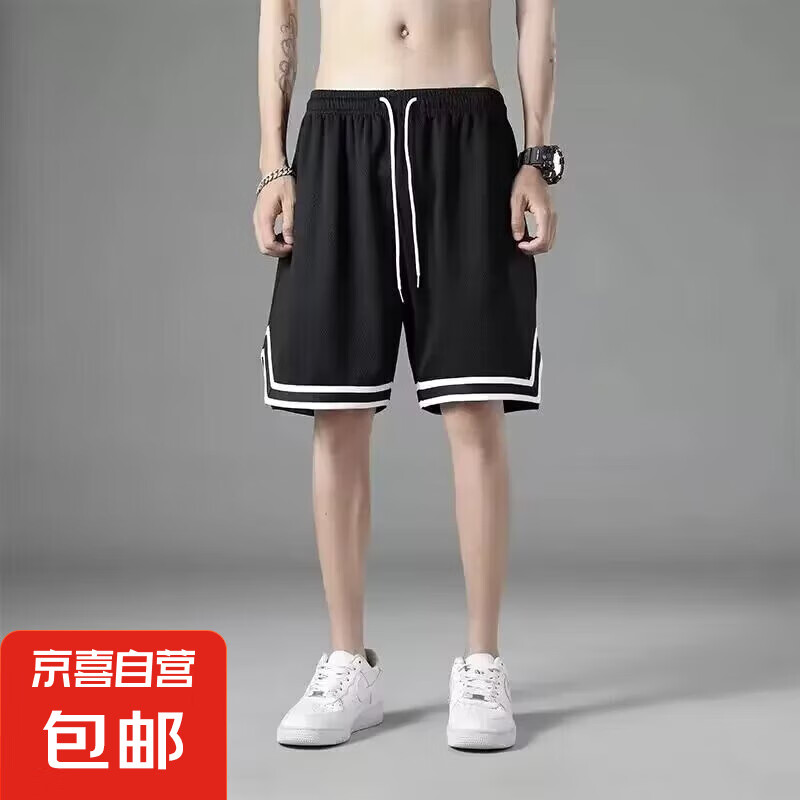 夏季网眼裤宽松休闲裤男潮流沙滩大裤衩男士速干运动篮球五分裤子 稳 W128黑色 3XL