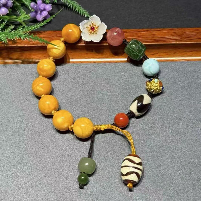 慈心緣 蜜蠟老花蠟手繩 滿蠟蜜蠟琥珀男女手鏈送生日禮物10mm