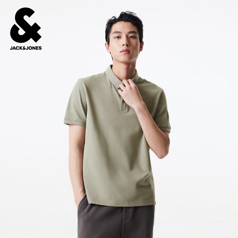 杰克·琼斯（JACK&amp;JONES）男士商务休闲通勤胸前刺绣百搭简约时尚polo衫上衣男装225206068 E06灰绿色 M （175）