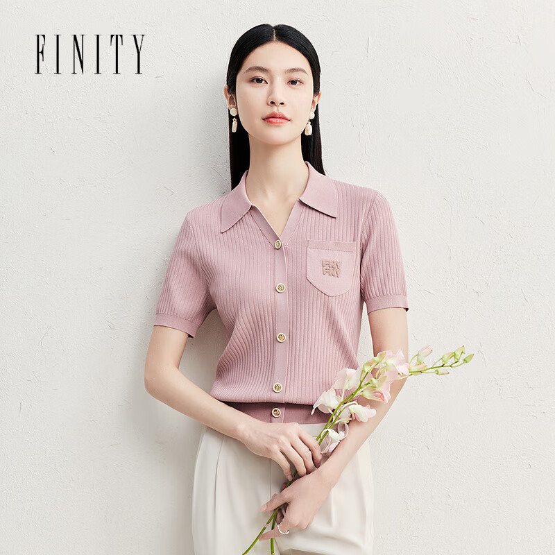 菲妮迪（FINITY）POLO领针织衫2025年夏季新款温柔气质百搭针织上衣女 灰粉 XL