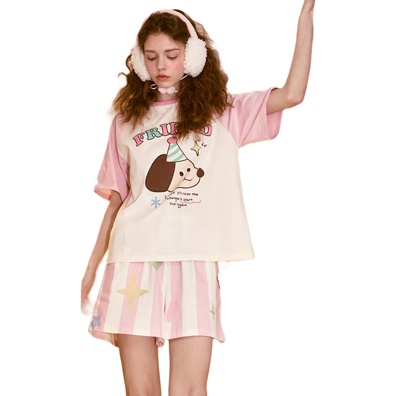 果壳（Gukoo）睡衣女夏季新款卡通插肩袖短袖女士家居服套装 芭蕾粉套装 S