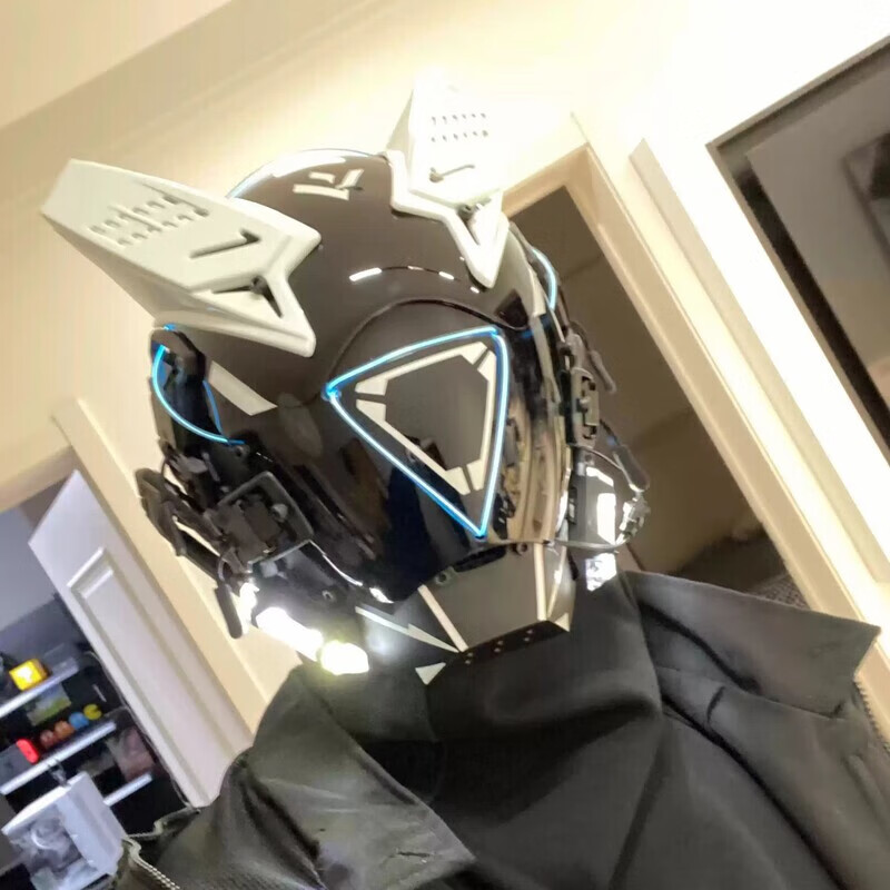 泰利奇赛博朋克面具cos个性diy发光头盔潮流面罩霸气机甲炫酷骑士 白三角灯+侧灯+头套