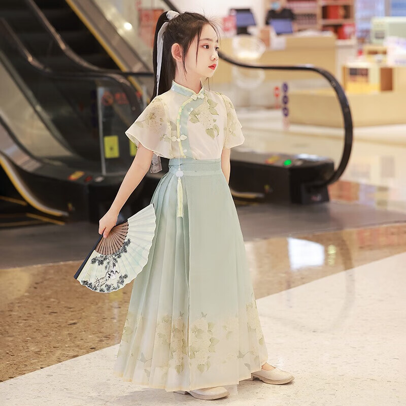 女童汉服2026新款套装儿童马面裙演出服女孩国风古装明制唐装夏款 绿色 150