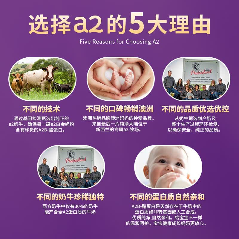 a2奶粉新西兰原装进口紫白金版婴幼儿配方含天然A2蛋白质 3段 900g 6罐