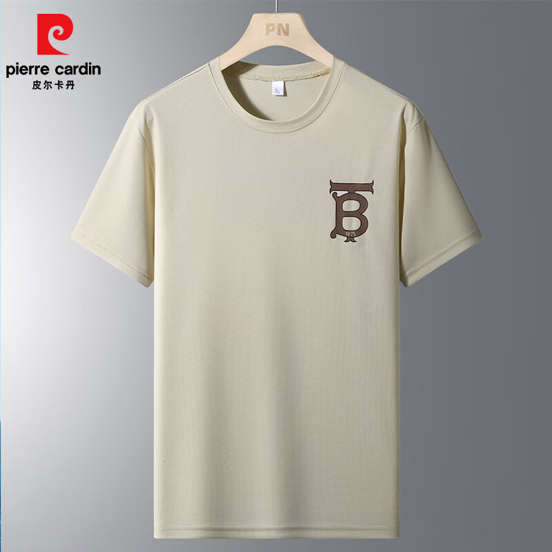 皮尔卡丹短袖t恤男士2025夏季圆领半袖体恤潮流休闲打底衫上衣 卡其色 XL