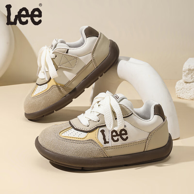 LEE KIDS童鞋秋季新款百搭德训鞋低帮休闲运动鞋男童轻便户外板鞋女大童 米白杏 29 【建议脚长178.3mm】