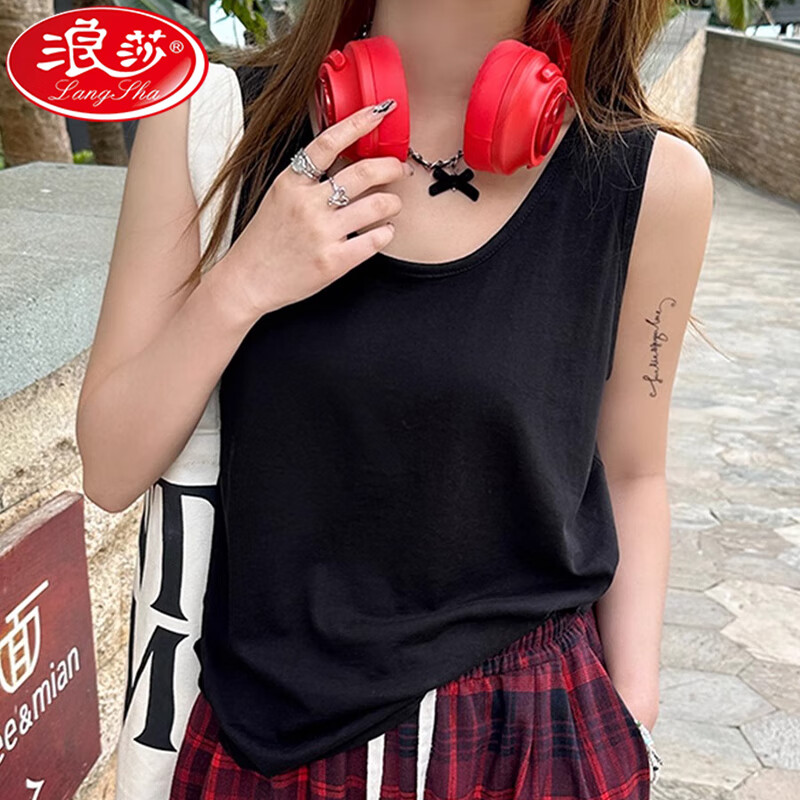 浪莎吊带背心女夏季新款外穿棉麻打底宽松慵懒上衣宽肩带无袖t恤内搭 白+黑【两件更优惠】背心款 L 【推荐115-130斤】
