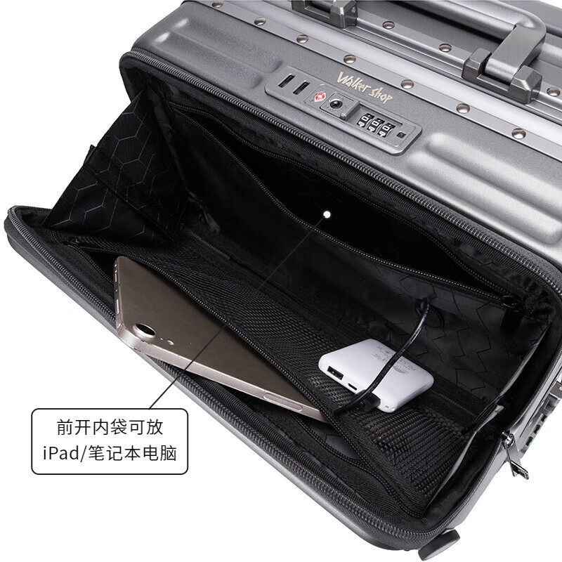 Walker Shop行李箱2025新款前开盖登机拉杆箱结实耐用多功能旅行箱 黑色 【前开盖+杯架+刹车轮】 20英寸 【现货直发/登机箱】
