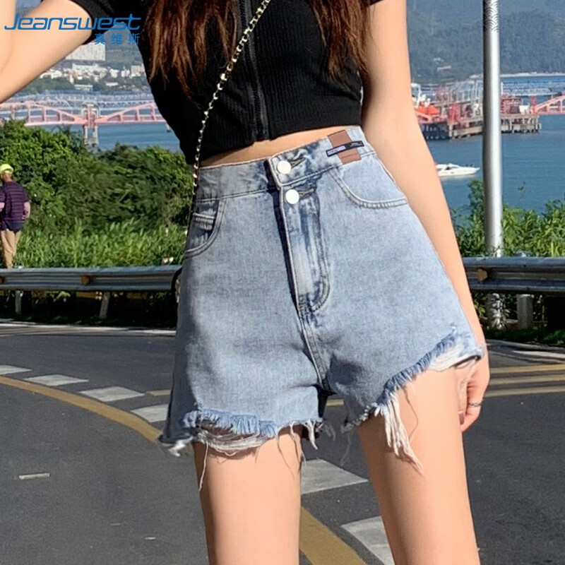 真維斯牛仔短褲女夏季薄款毛邊高腰顯瘦小個(gè)子闊腿寬松復(fù)古藍(lán)XL