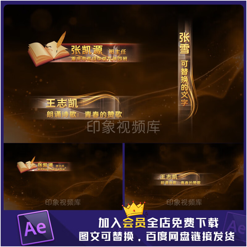人名条介绍字幕条教育教师节晚会节目条名条横竖栏ae模板视频素材