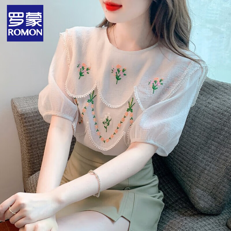 羅蒙（ROMON）夏季短袖娃娃領(lǐng)雪紡襯衫女夏裝2025年新款氣質(zhì)泡泡袖上衣時(shí)髦小衫 廣東普寧圖片色高級(jí)感 M