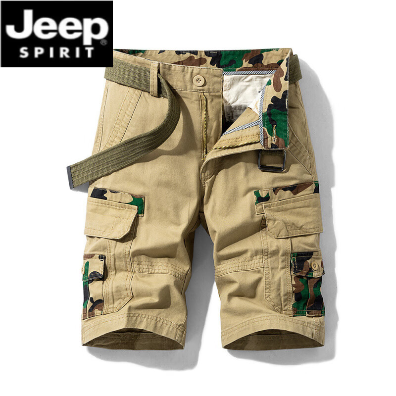 JEEP SPIRIT男士工裝褲軍工多口袋純棉休閑短褲男彈力五分褲寬松直筒中褲馬褲 卡其色 28