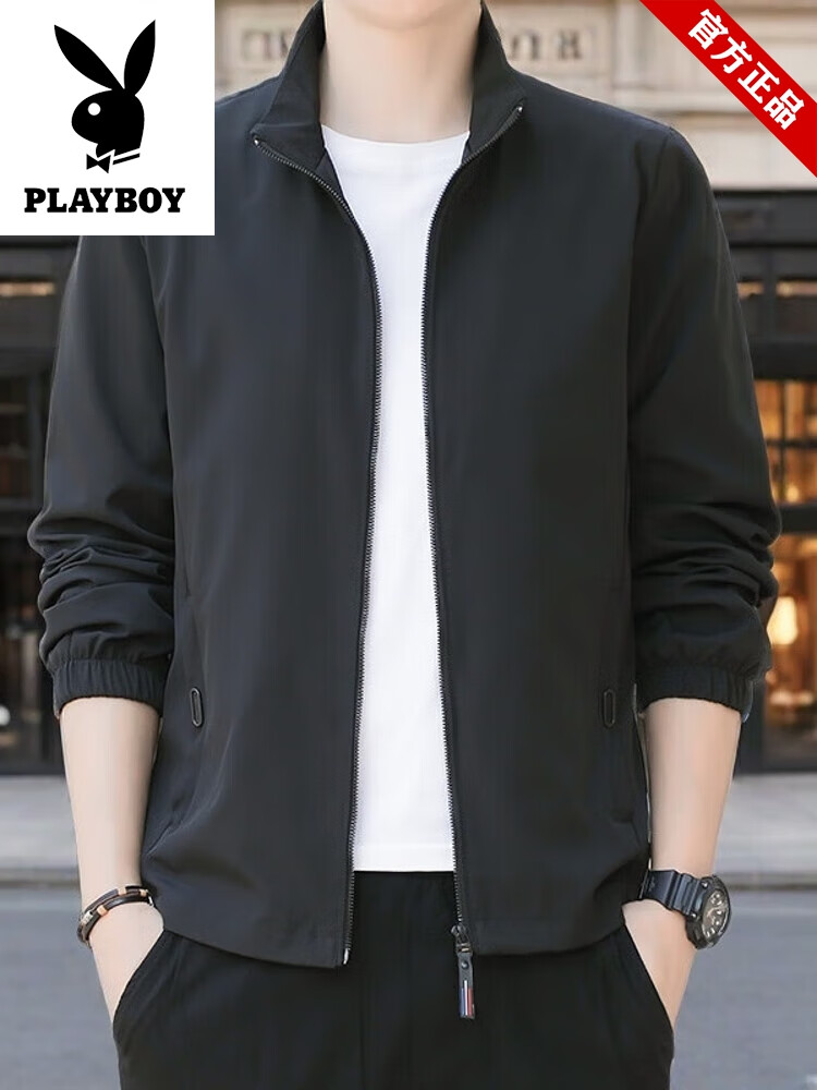 PLAYBOY花花公子品牌男装春夏新款外套薄款夹克装立领纯色休闲商务行政外 黑色 2XL115-130斤 均码
