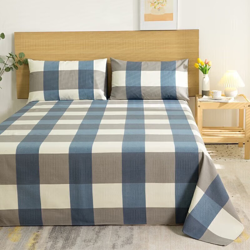 软贝原棉老粗布床单简约格子床单床上用品可水洗老粗布床单 蓝格 230*240cm床单+枕套一对