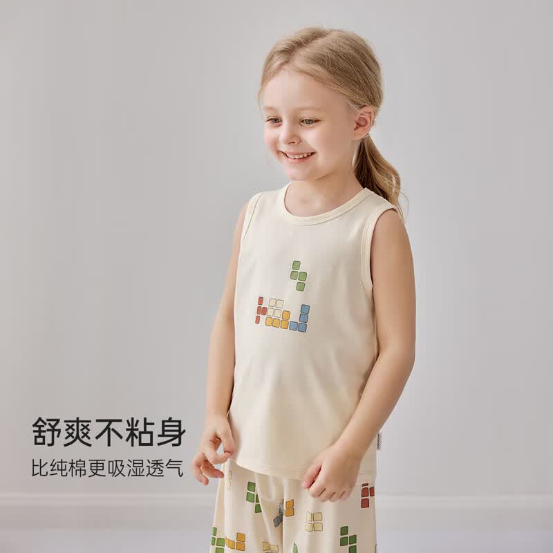 junejunior儿童背心夏季薄款莫代尔棉男女童无袖T恤坎肩 俄罗斯方块-彩 80