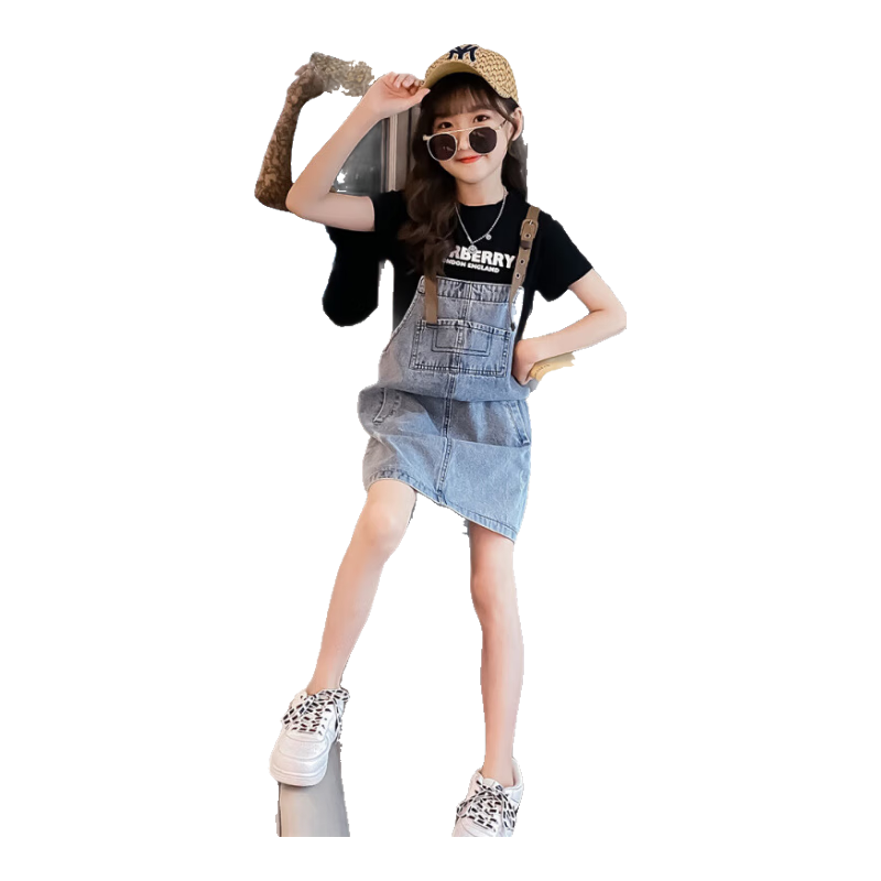奧萬森aowansen女童牛仔背帶裙夏裝套裝2025新款兒童裙子夏季女中大童夏款連衣裙 黑色 背帶裙+短袖 120 cm