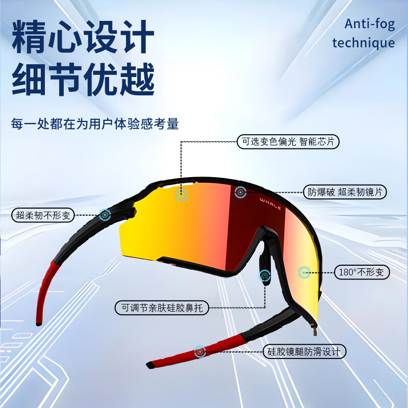 鲸鱼BS4S纳米防雾运动镜户外防紫外线防风沙防雨水骑行眼镜护目镜风镜 变色纳米防雾款-镀红