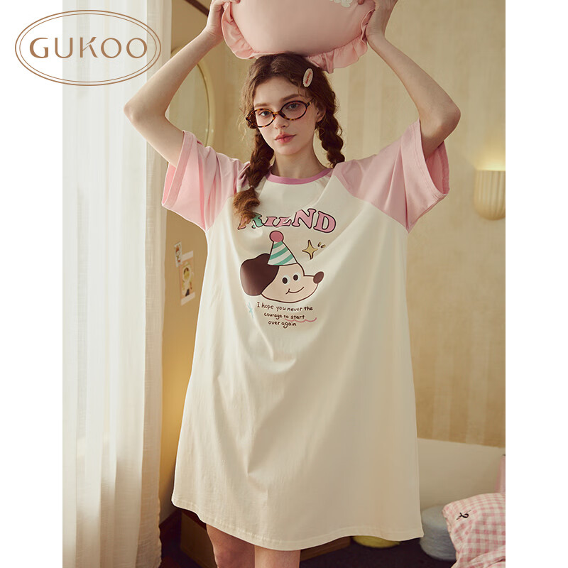 果壳（Gukoo）睡裙女春夏新款轰轰小狗系列可爱插肩袖卡通纯棉女士家居服睡裙B 奶白睡裙 M