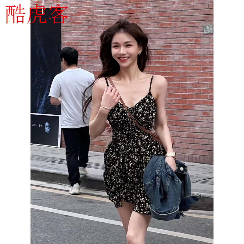 酷虎客小个子碎花连衣裙茶歇法式碎花吊带连衣裙女夏2025新款小个子气质 黑色碎花 S 【建议80-98斤】