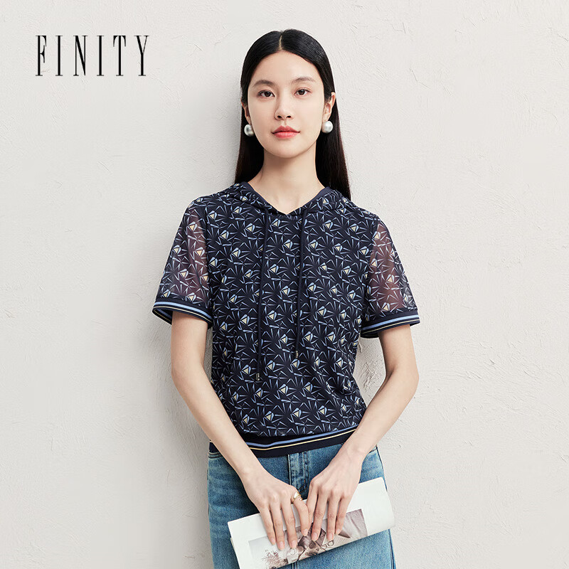 菲妮迪（FINITY）雪纺衫2025年夏季新款简约气质连帽休闲短袖上衣女 藏青底印花 S