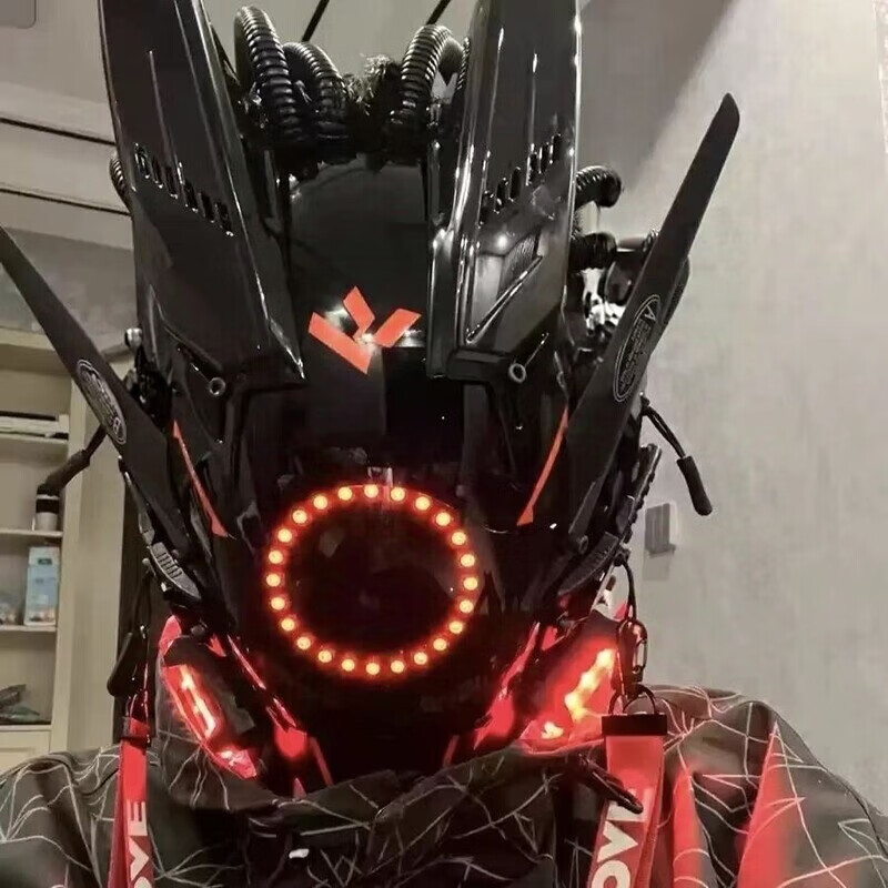 泰利奇赛博朋克面具cos个性diy发光头盔潮流面罩霸气机甲炫酷骑士 红双翼+侧灯+管发+头套