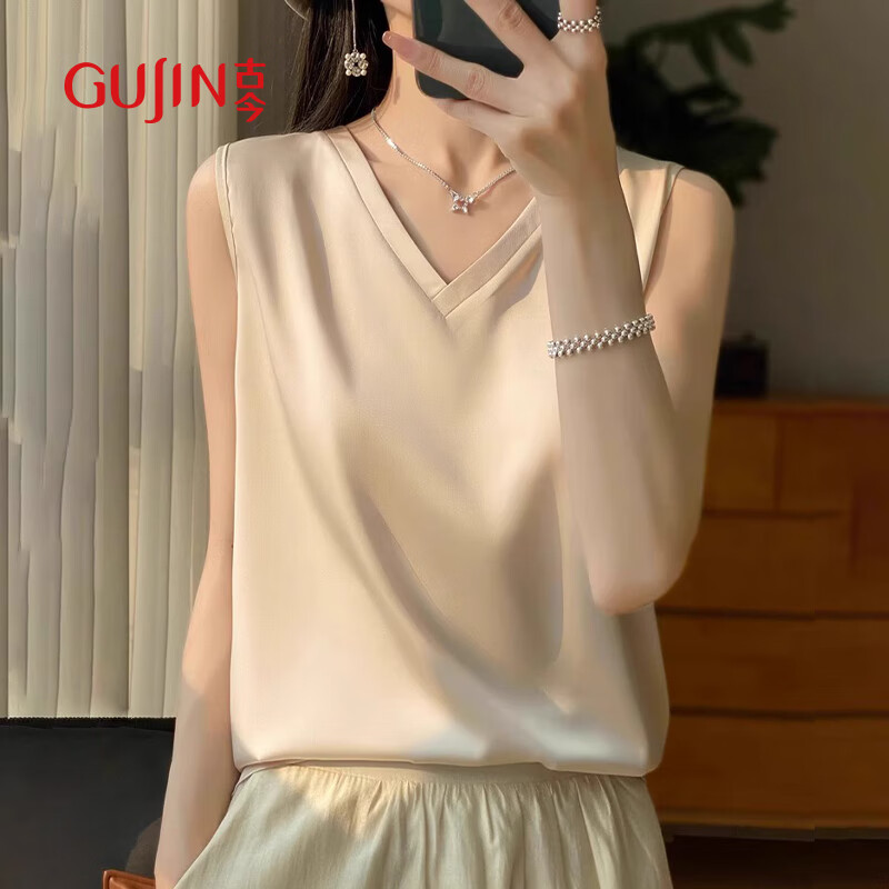 古今（GUJIN）雙v領(lǐng)高級冰絲吊帶女內(nèi)搭西裝打底背心仿真絲緞面打底衫春夏