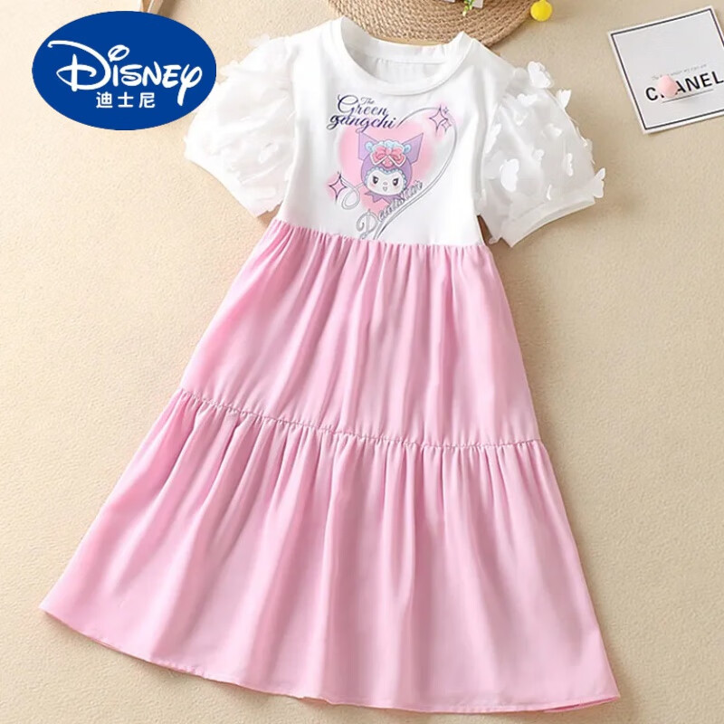 迪士尼（Disney）女童新款夏裝連衣裙新款女孩時(shí)尚裙子中大童泡泡袖卡通公主裙 粉紅色 卡通連衣裙 120 cm