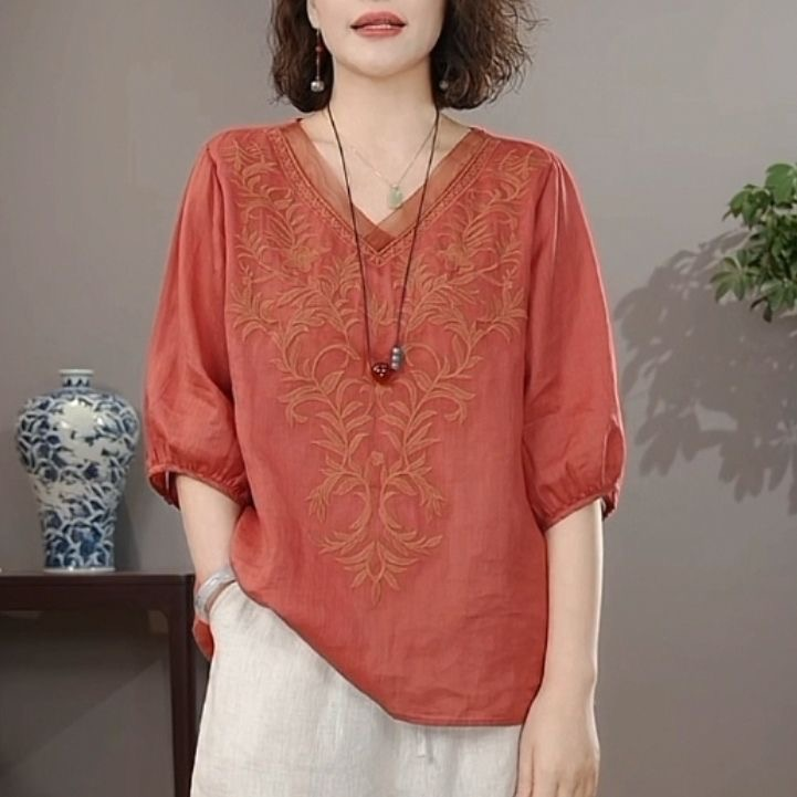 俞兆林(YUZHAOLIN)母亲节妈妈夏装复古风天丝麻V领短袖上衣女士宽松大码刺绣薄款 粉色 3XL (建议115-130斤)