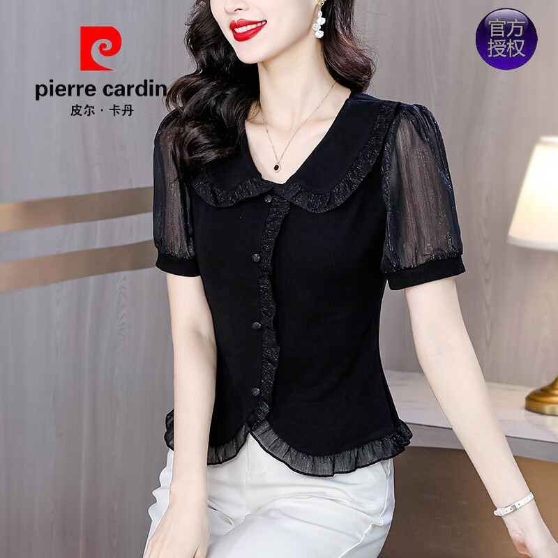 皮爾卡丹（pierre cardin）木耳領(lǐng)雪紡衫女短袖襯衫短款收腰娃娃領(lǐng)上衣別致漂亮小衫修身顯瘦 黑色（百搭氣質(zhì)時髦時尚別致漂亮 M 96斤-105斤