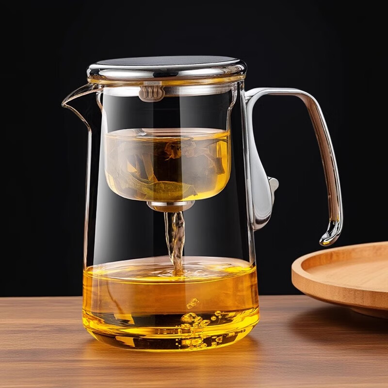 自像堂合金把飘逸杯泡茶壶一键过滤高档全玻璃内胆茶水分离杯内胆配件 鼓形合金飘逸杯【灰色550ml】