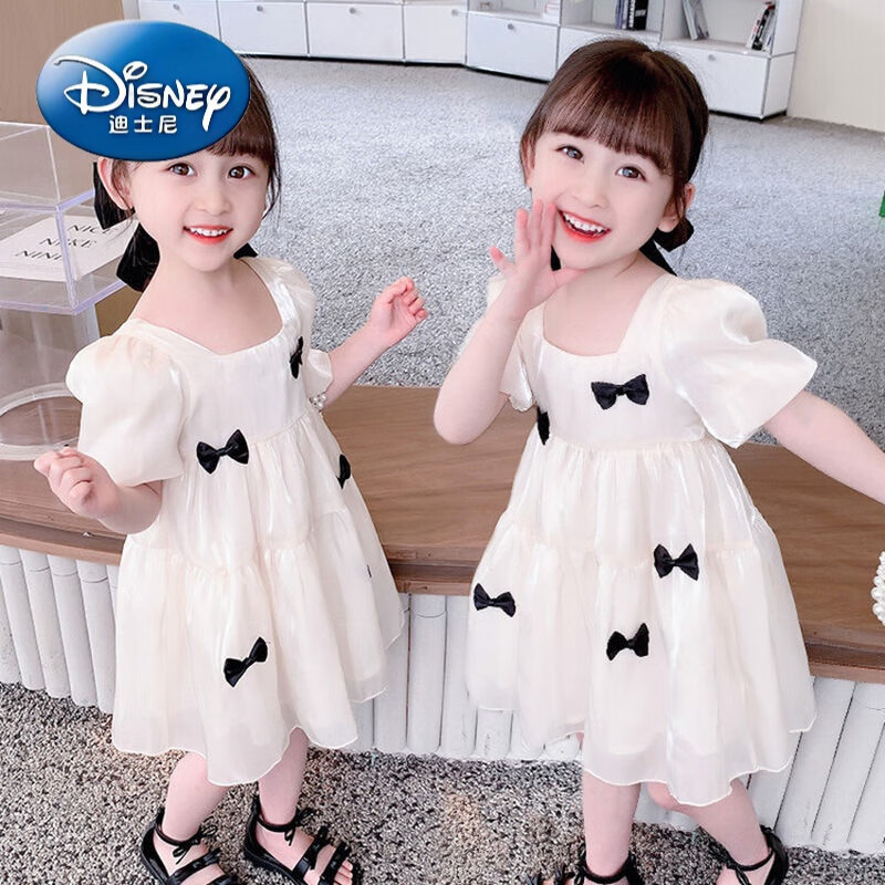 迪士尼（Disney）女童連衣裙夏季薄款小童米色可愛蝴蝶結(jié)公主裙韓版泡泡袖淑女裙子 杏色 80 碼（建議身高65-75cm）