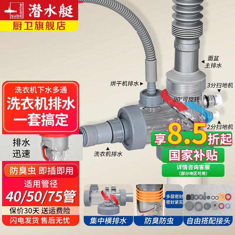 潜水艇（Submarine）洗衣机地漏专用接头 卫生间下水三通 排水管下水道防臭防溢水器 升级【透明可旋转】下水多通
