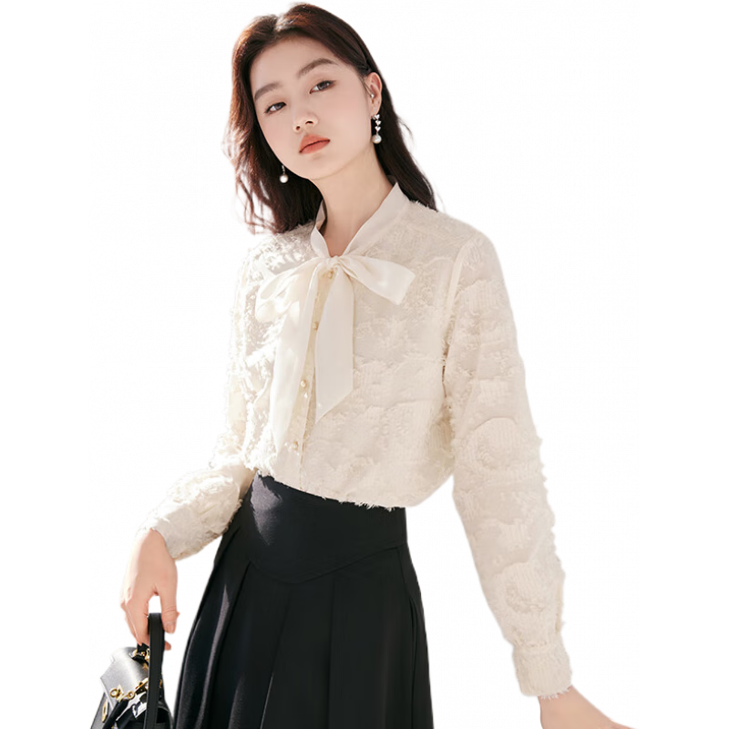 香影蝴蝶結(jié)飄帶白色襯衫女春裝小香風(fēng)內(nèi)搭上衣法式輕職場雪紡襯衣 米色 S