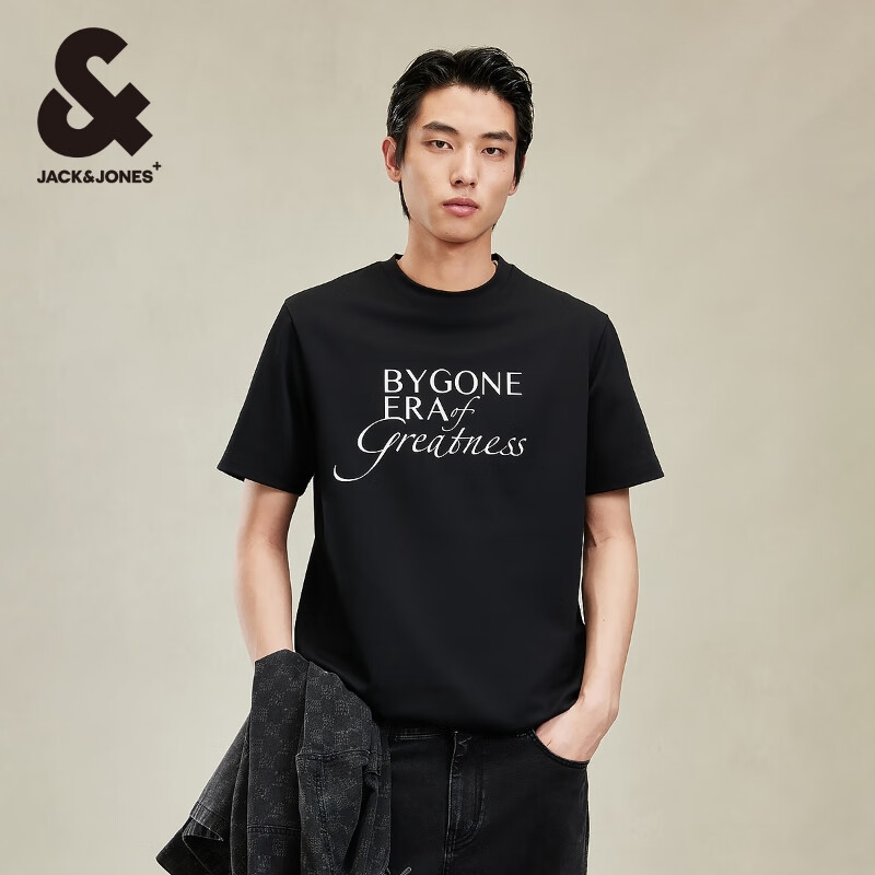 杰克·琼斯（JACK&JONES）夏季新款男装撞色斜纹半袖上衣直筒版圆领短袖T恤 黑色 224201125 M 175