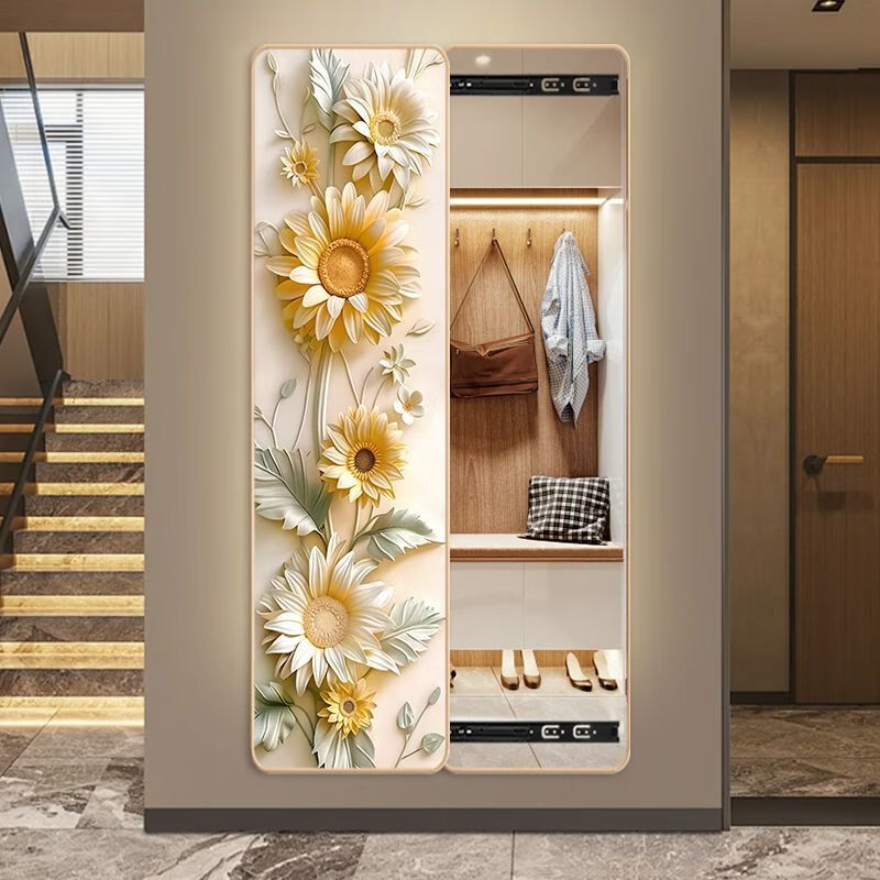 语森忆隐藏式奶油全身镜子推拉卧室穿衣镜玄关挂画试衣装饰装饰画 【阳光花葵】圆角奶油杏色框+防 40乘150cm【水晶膜】左推拉