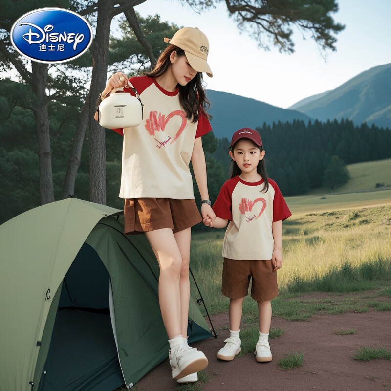 迪士尼（Disney）親子裝T恤韓版插肩袖一家三口四口家庭裝嬰兒短袖爬服a類棉童裝 米色撞磚紅（大圖） 110 童裝