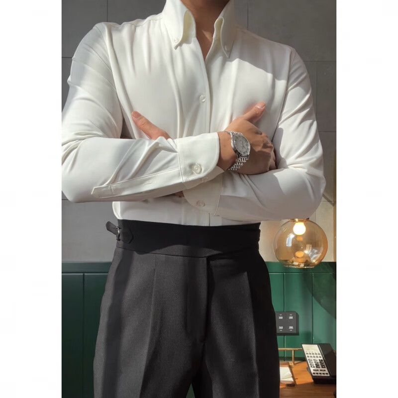 炫逐法式高领袖扣衬衫男士时尚优雅一片领潮流痞帅立领长袖免烫商务男 白色036 M 130以下